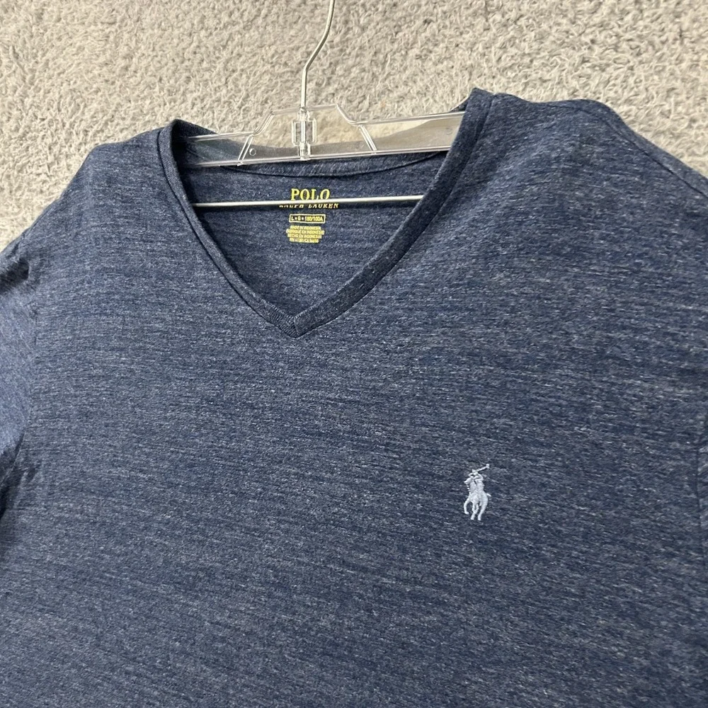 Polo Ralph Lauren Shirt Mens Large Blue V Neck Cotton Tagless Logo Short Sleeve